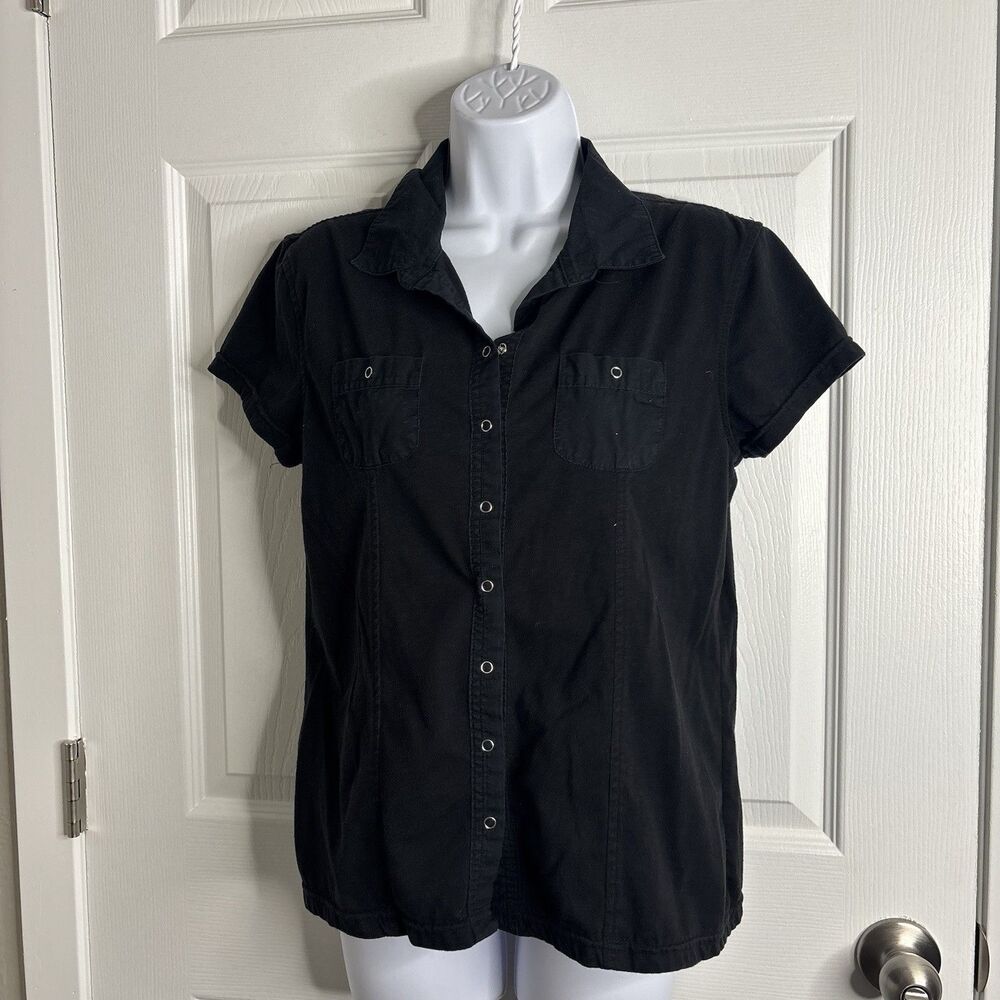 Vintage Y2K MHD Size L Black Button Front Short Sleeve Blouse Top